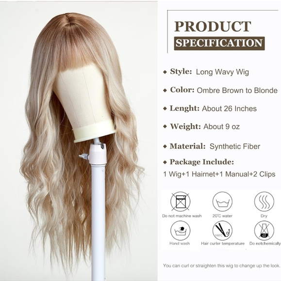 Long Wavy Ombre Brown to Blonde Wig with Fringe Natuaral Synthetic Hair 26 inche - Picture 2 of 5